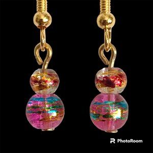 Pink Aqua Blue Murano Glass Earrings Bead Hand Painted Round Gold Plated Dangle